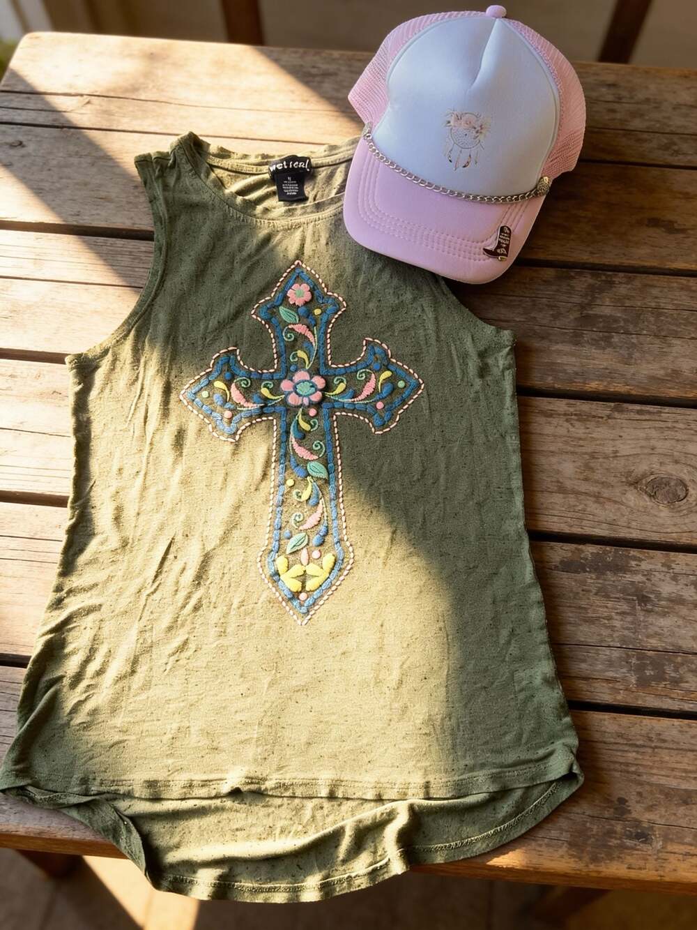 Wet Seal Olive Green Embroidered Cross Tank Top and Trucker Hat